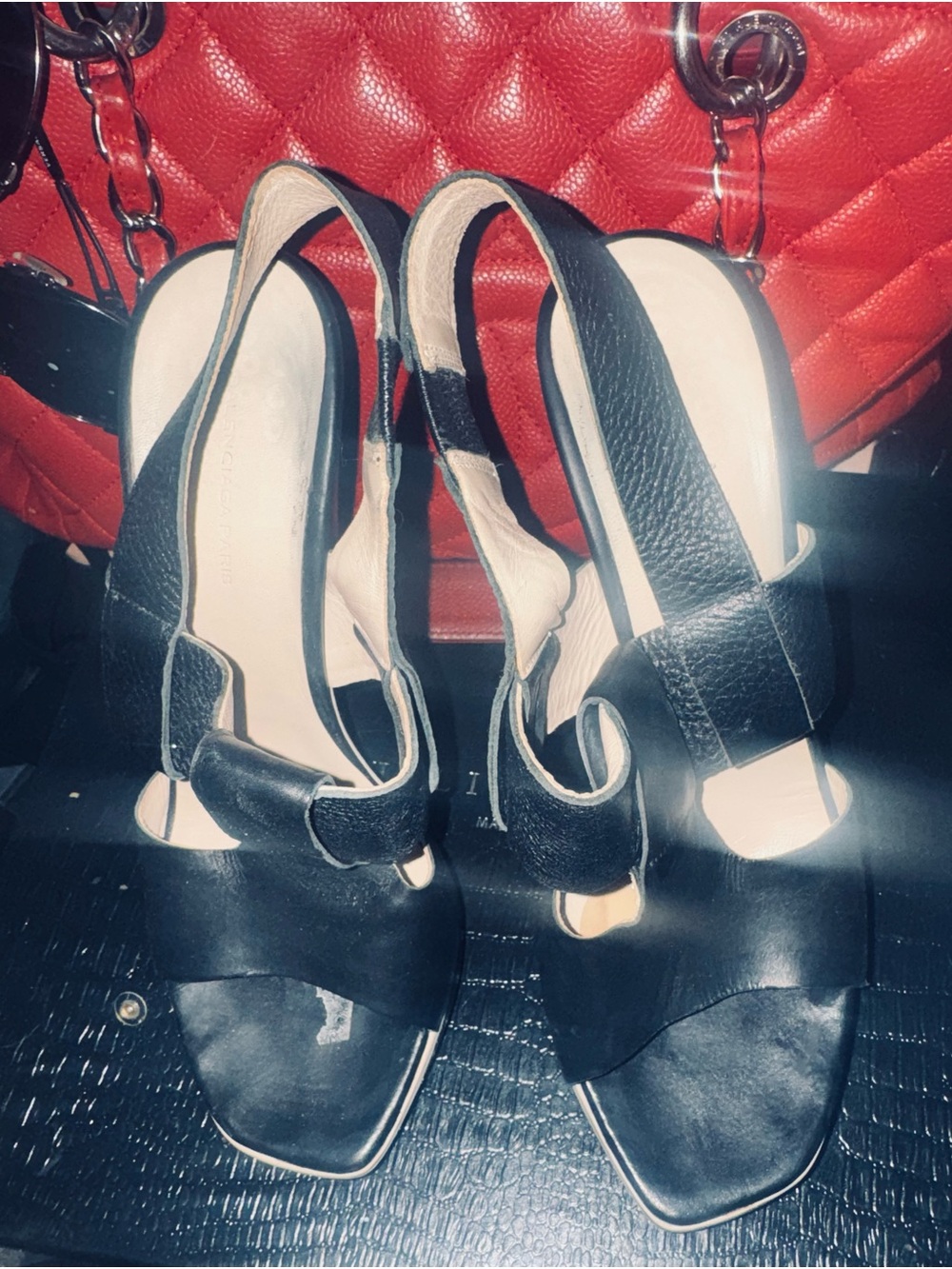 Balenciaga Black Leather Slingback Open-Toe Heels